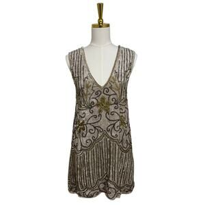 Spell & The Gypsy Collective Elsa Beaded Sequin Dress XS Gold Art Deco Mini